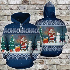 Christmas santa claus snowman and xmas tree hoodie